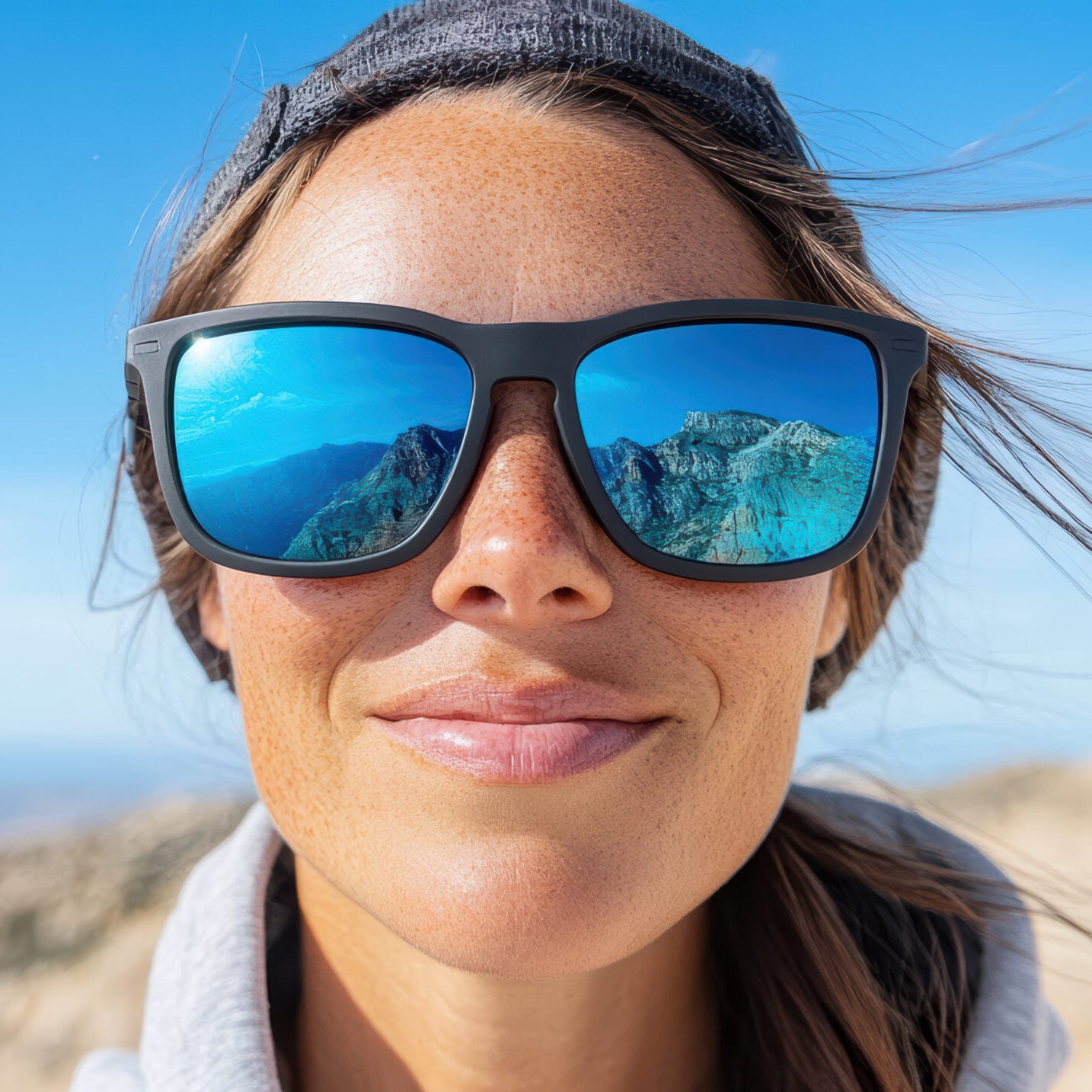 A hiker wearing sunglasses with stunning mountain view reflected in lenses