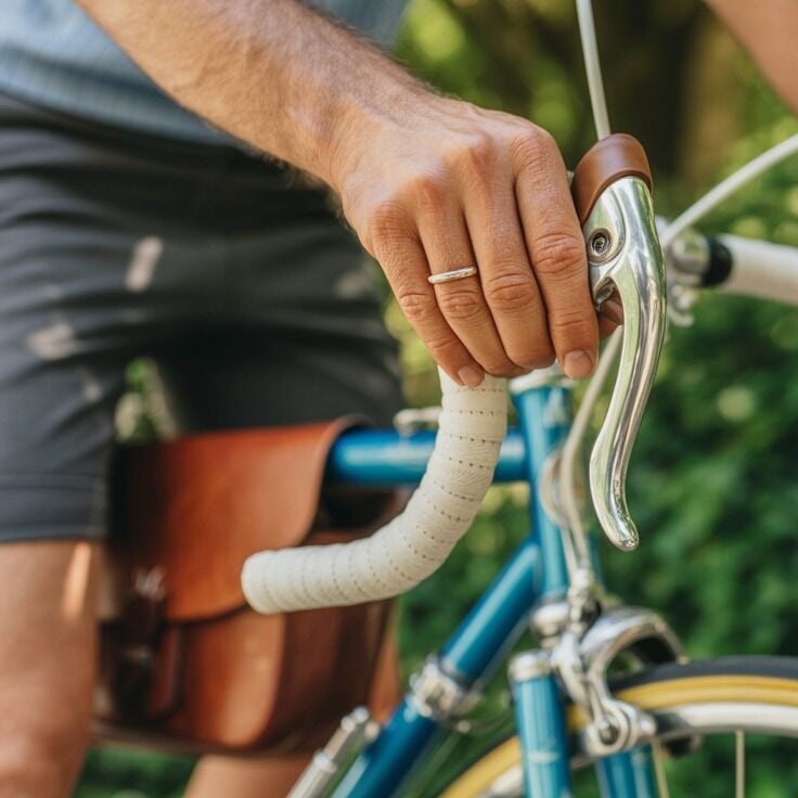 Bărbat care își reglează frâna la bicicletă - una din reviziile necesare înainte de a ieși la plimbare