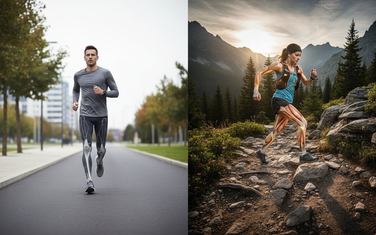 Comparație vizuală între alergarea pe asfalt și trail running