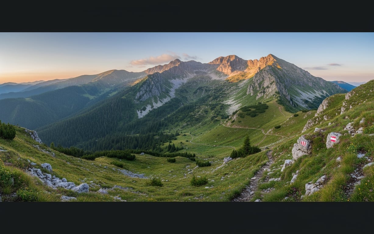 Peisaj montan românesc cu traseu de trail running