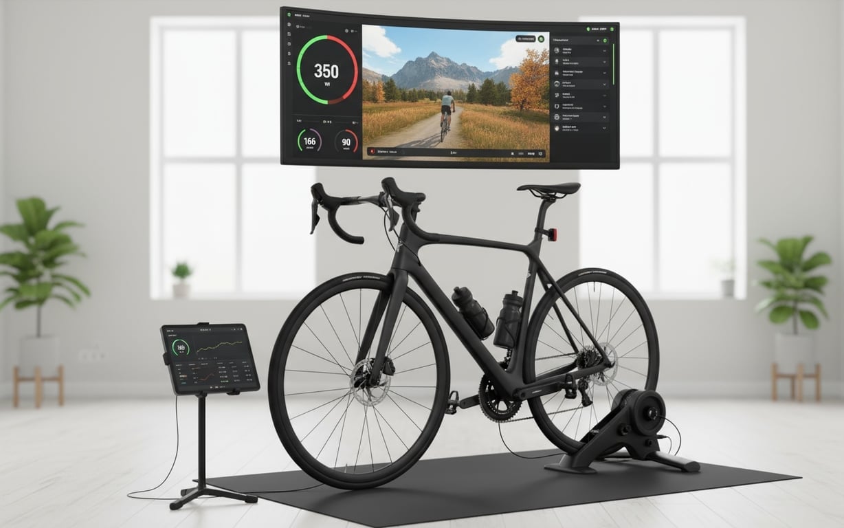 Interfață smart trainer conectată la aplicație de antrenament virtual pe ecran