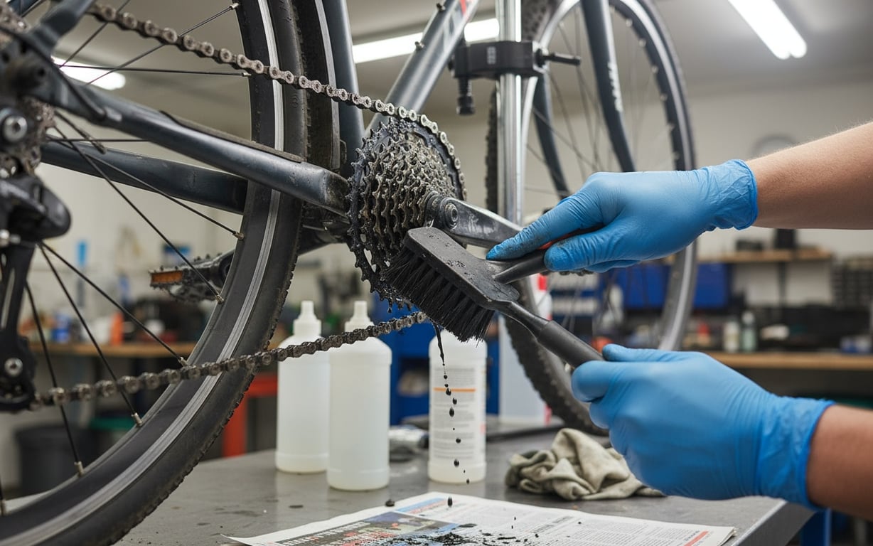 Proces detaliat de curățare a lanțului de bicicletă cu degresant