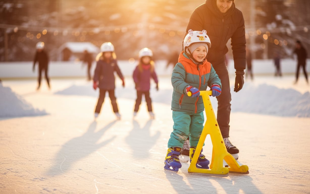 Copil fericit învățând să patineze cu echipament de protecție