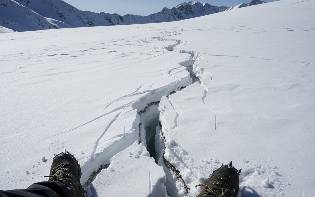 Crăpături vizibile în stratul de zăpadă indicând instabilitate și risc avalanșă